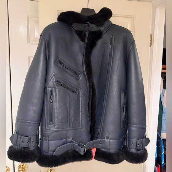 The Arrival Women’s Navy Leather Jacket with Shearling - Picture 1 of 3